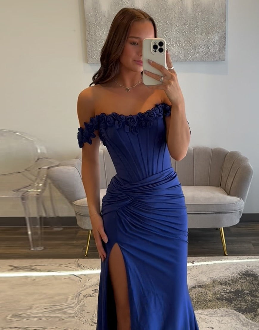 Sheath Off-the-Shoulder Floor-Length Light Blue Satin Slit Prom Dress