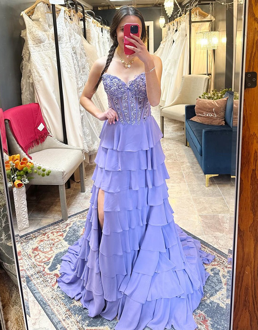 A-Line Sweetheart Neck Floor-Length Lavender Chiffon Prom Dress with Tiered Ruffle Skirt