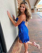 Sheath Sweetheart Neck Short/Mini Royal Blue Glitter Homecoming Dress with Ruffle Hem