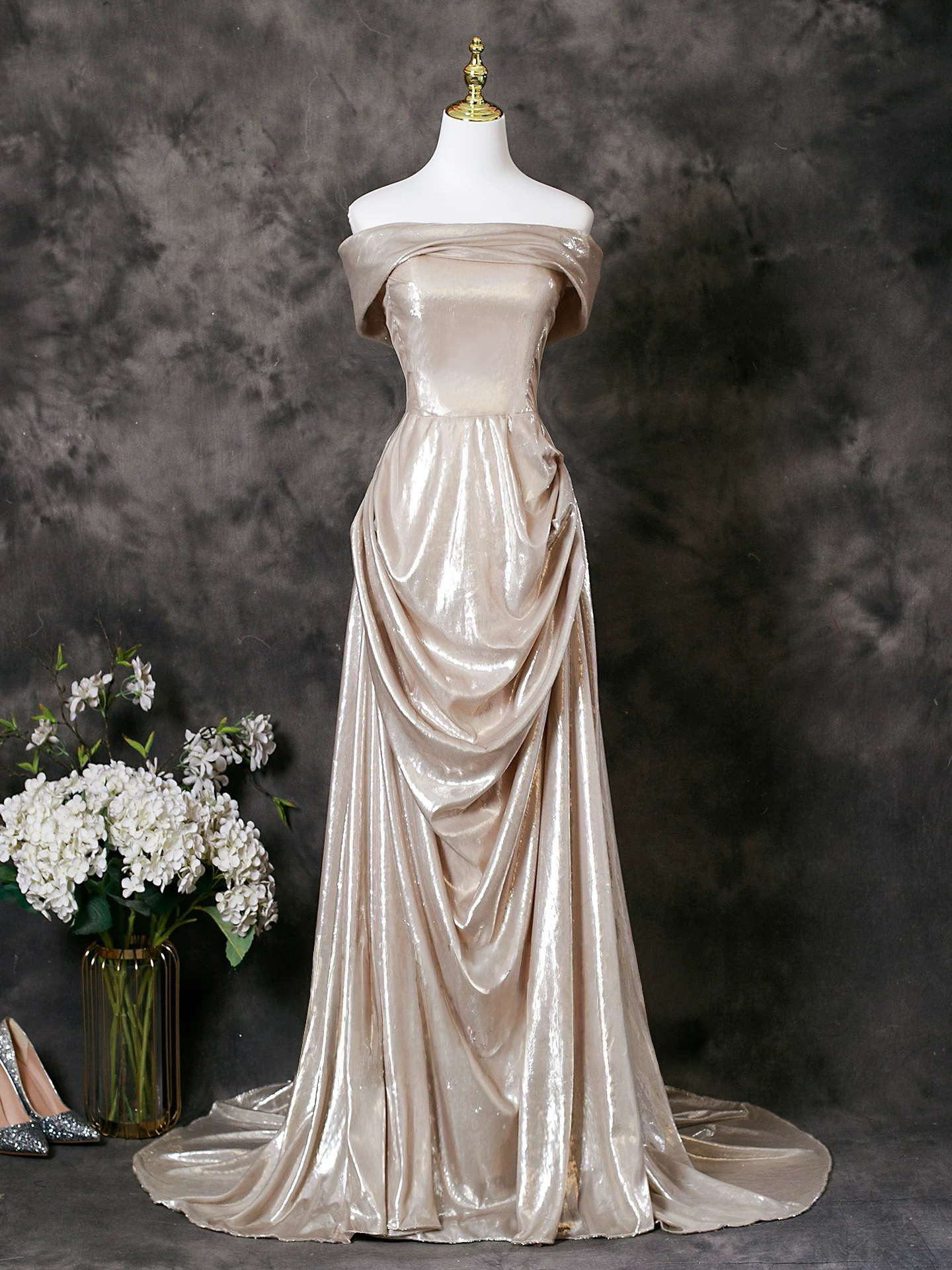 A-Line Off Shoulder Satin Champagne Long Prom Dress with Lace-Up Back