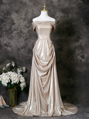 A-Line Off Shoulder Satin Champagne Long Prom Dress with Lace-Up Back