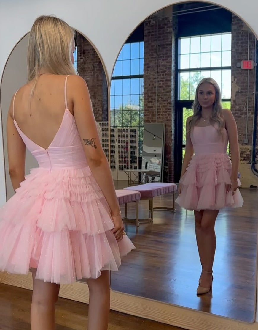 A-Line Spaghetti Straps Short/Mini Tulle Light Pink Homecoming Dress with Tiered Skirt