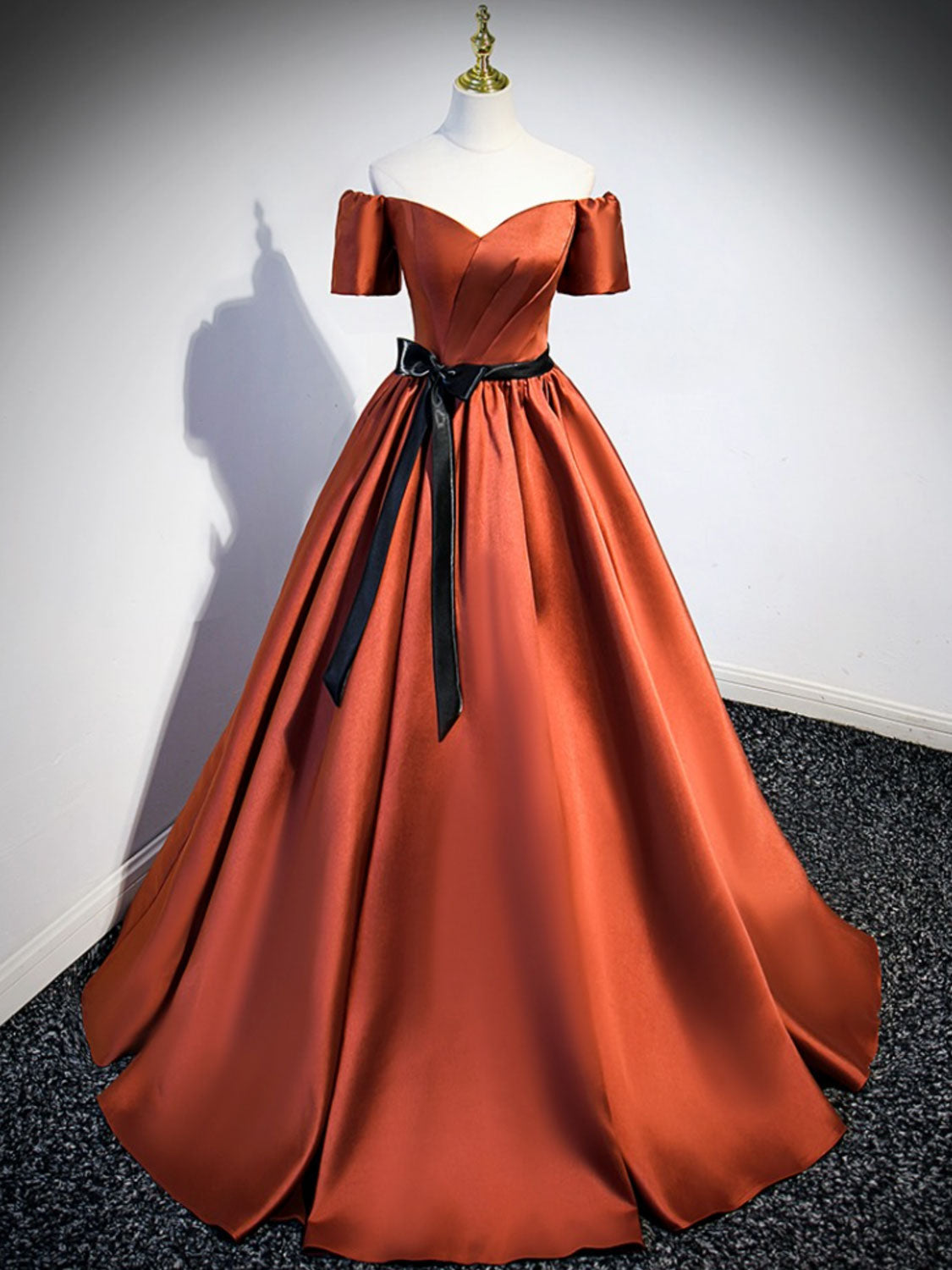 A-Line Off-the-Shoulder Floor-Length Burnt Orange Satin Prom Dress with Contrast Bow Sash