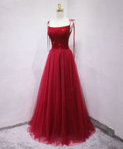 Beaded Square Neckline Tulle Floor-Length Red Prom Dress with Tie Straps