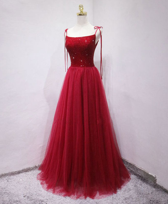 Beaded Square Neckline Tulle Floor-Length Red Prom Dress with Tie Straps