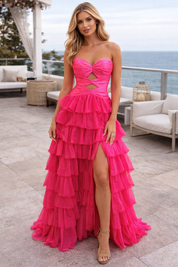 A-Line Strapless Sweetheart Floor-Length Tulle Prom Dress with Cutout Bodice and Tiered Ruffle Skirt