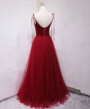 Beaded Square Neckline Tulle Floor-Length Red Prom Dress with Tie Straps