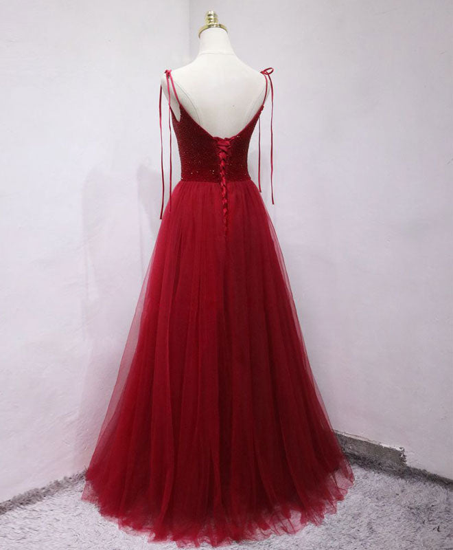 Beaded Square Neckline Tulle Floor-Length Red Prom Dress with Tie Straps