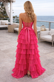 A-Line Strapless Sweetheart Floor-Length Tulle Prom Dress with Cutout Bodice and Tiered Ruffle Skirt