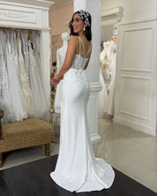Sheath Sweetheart Neck Floor-Length Satin Prom Dress with Lace Corset Bodice and High Slit