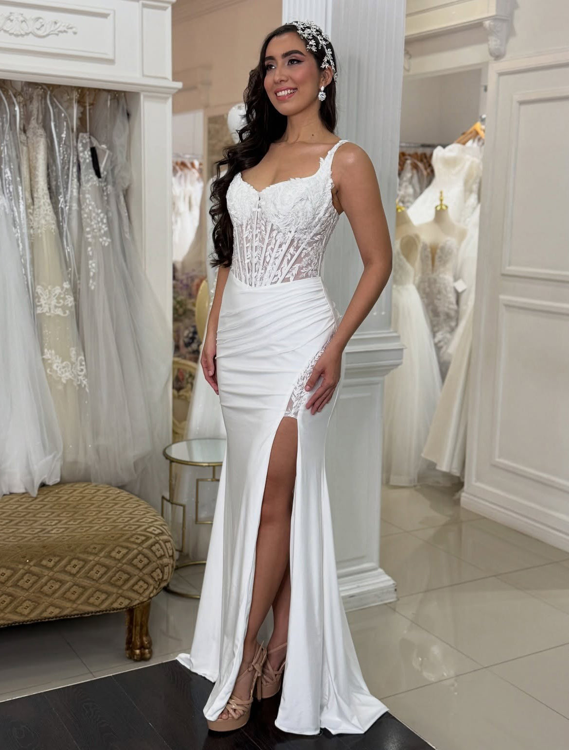 Sheath Sweetheart Neck Floor-Length Satin Prom Dress with Lace Corset Bodice and High Slit