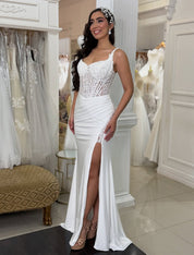 Sheath Sweetheart Neck Floor-Length Satin Prom Dress with Lace Corset Bodice and High Slit