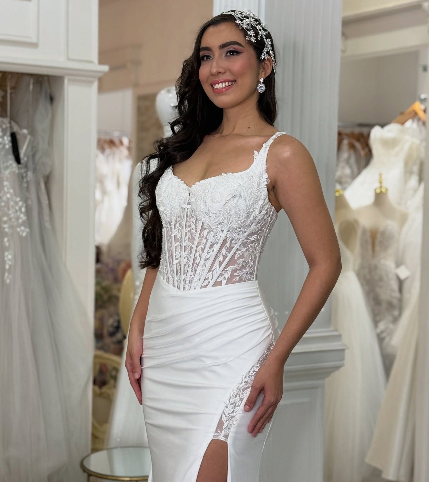 Sheath Sweetheart Neck Floor-Length Satin Prom Dress with Lace Corset Bodice and High Slit