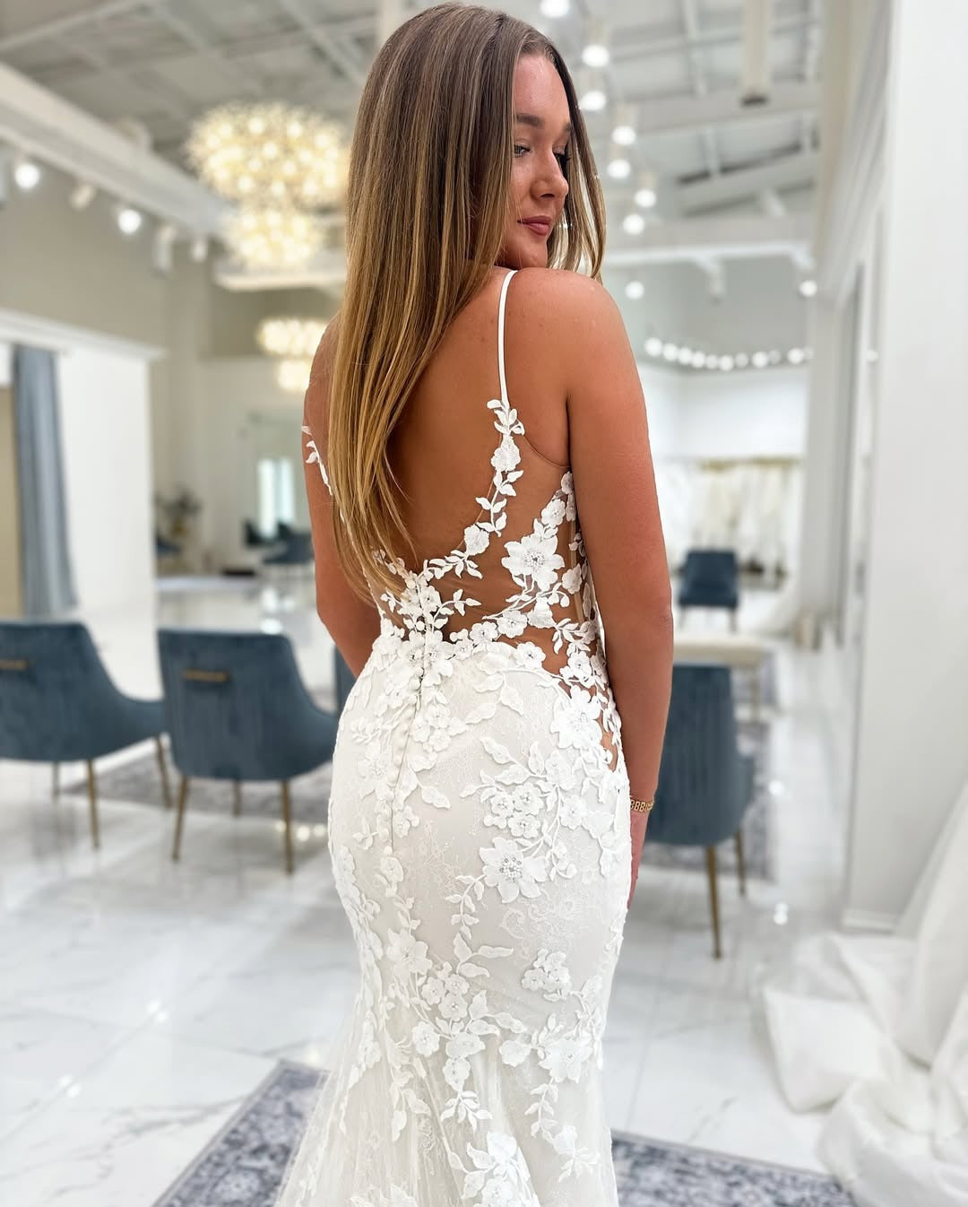 Mermaid V-Neck Floor-Length Lace Wedding Dress with Illusion Bodice and Floral Appliqué