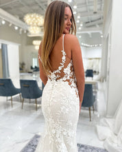 Mermaid V-Neck Floor-Length Lace Wedding Dress with Illusion Bodice and Floral Appliqué