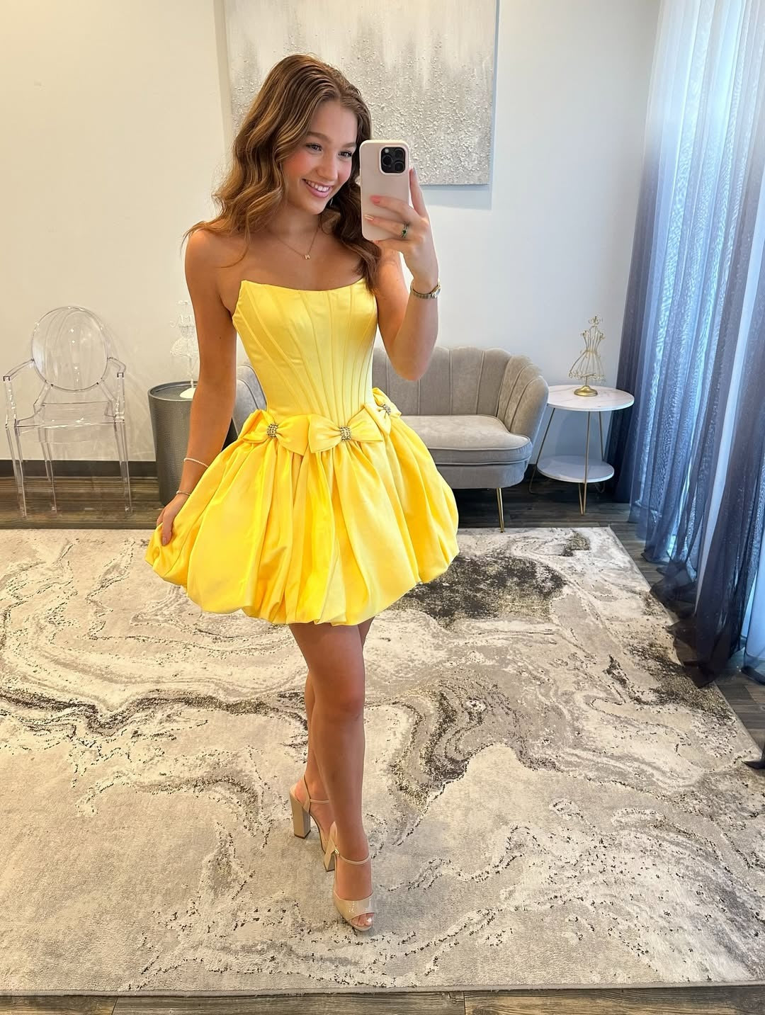 A-Line Strapless Short/Mini Satin Yellow Homecoming Dress with Bow Detail