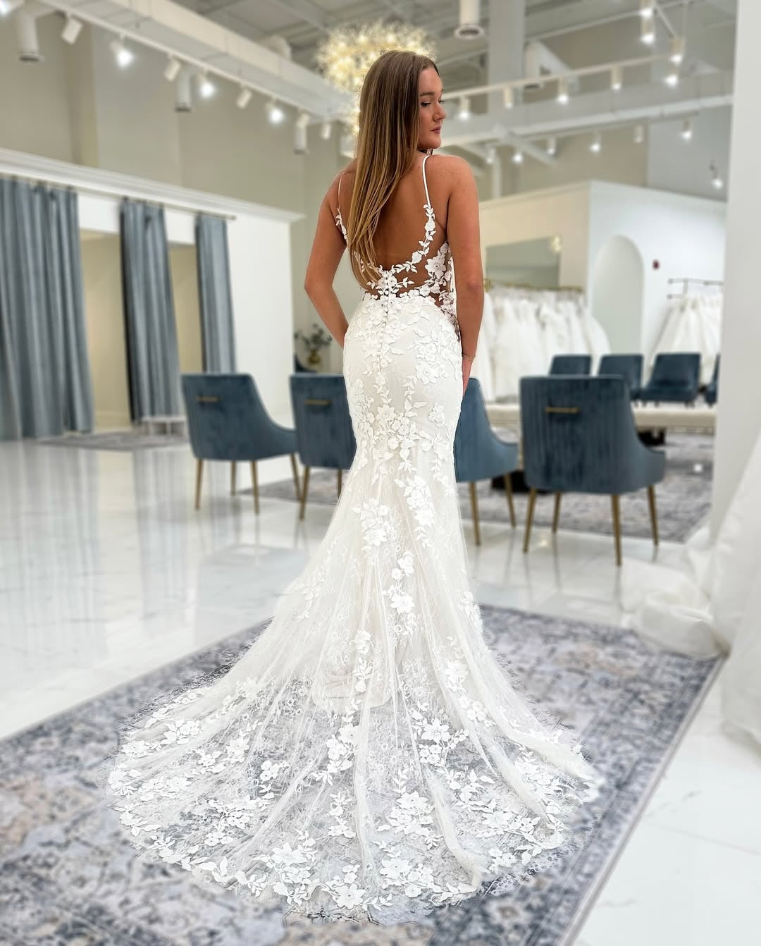 Mermaid V-Neck Floor-Length Lace Wedding Dress with Illusion Bodice and Floral Appliqué