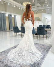 Mermaid V-Neck Floor-Length Lace Wedding Dress with Illusion Bodice and Floral Appliqué