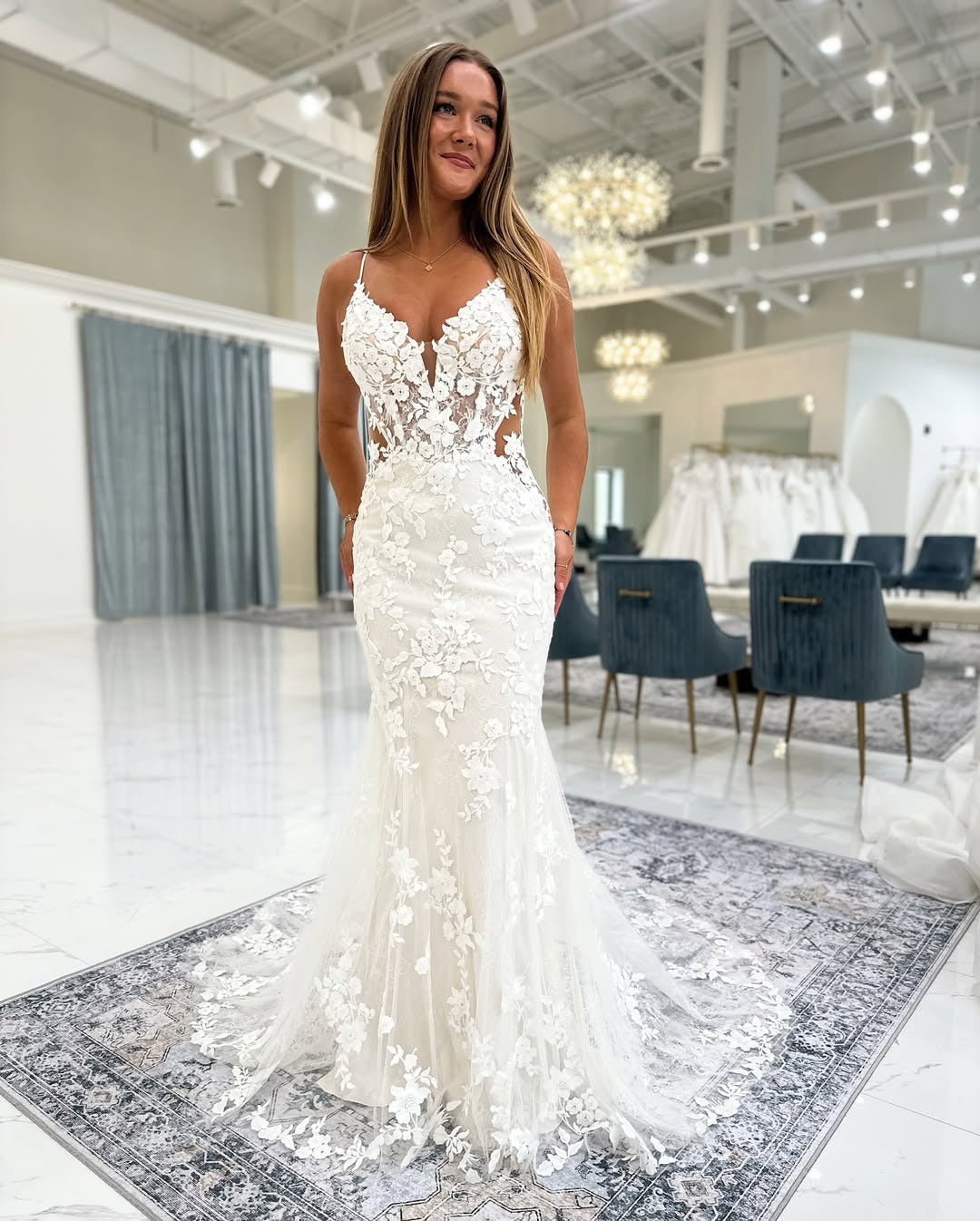 Mermaid V-Neck Floor-Length Lace Wedding Dress with Illusion Bodice and Floral Appliqué