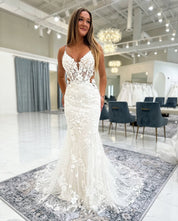 Mermaid V-Neck Floor-Length Lace Wedding Dress with Illusion Bodice and Floral Appliqué