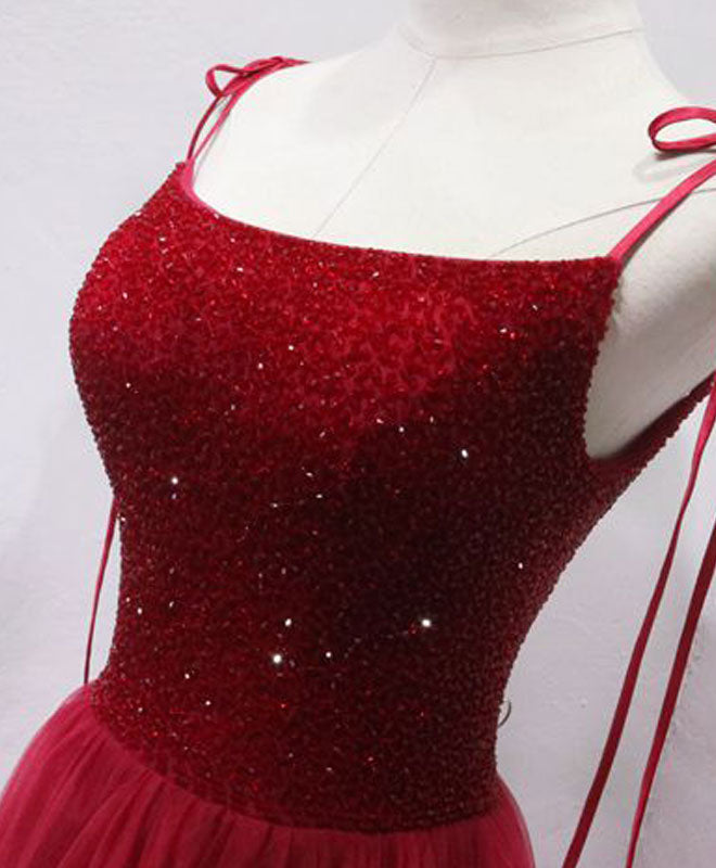 Beaded Square Neckline Tulle Floor-Length Red Prom Dress with Tie Straps