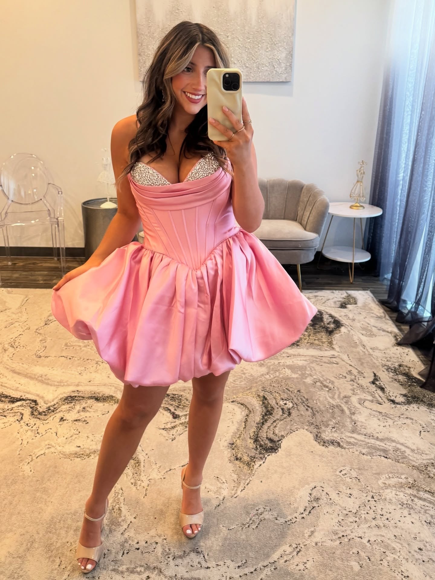 A-Line Sweetheart Short/Mini Satin Pink Homecoming Dress with Beaded Bodice