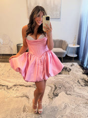 A-Line Sweetheart Short/Mini Satin Pink Homecoming Dress with Beaded Bodice