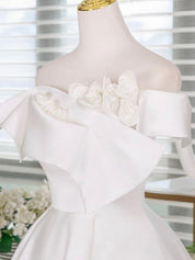 A-Line Off-the-Shoulder Neckline Knee-Length White Satin Homecoming Dress with Floral Appliqué Bow