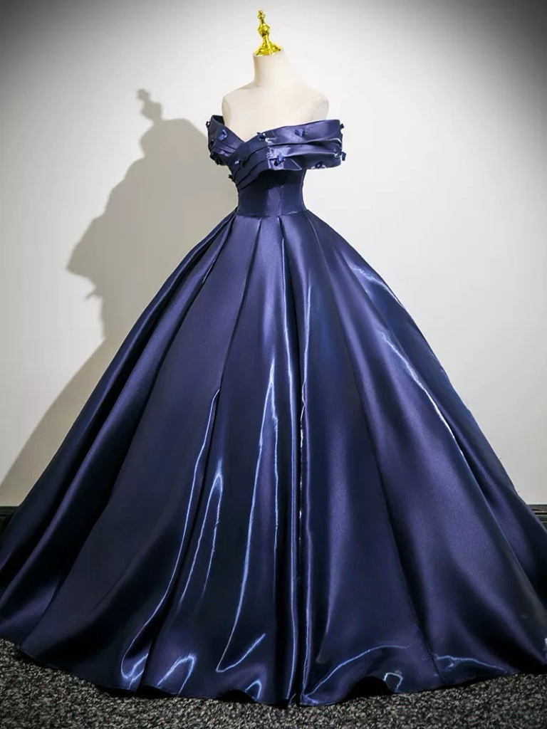 Off-Shoulder Navy Satin Ball Gown Prom Dress with Corset Bodice