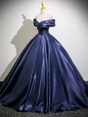 Off-Shoulder Navy Satin Ball Gown Prom Dress with Corset Bodice