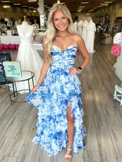 A-Line Strapless Sweetheart Tiered Chiffon Prom Dress with Blue Floral Print and High-Low Ruffles