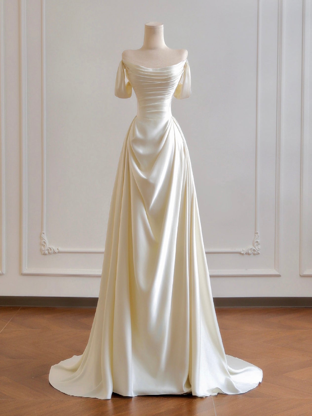 A-Line Off Shoulder Satin Light Champagne Long Prom Dress, Light Champagne Formal Dress