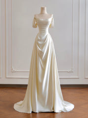 A-Line Off Shoulder Satin Light Champagne Long Prom Dress, Light Champagne Formal Dress