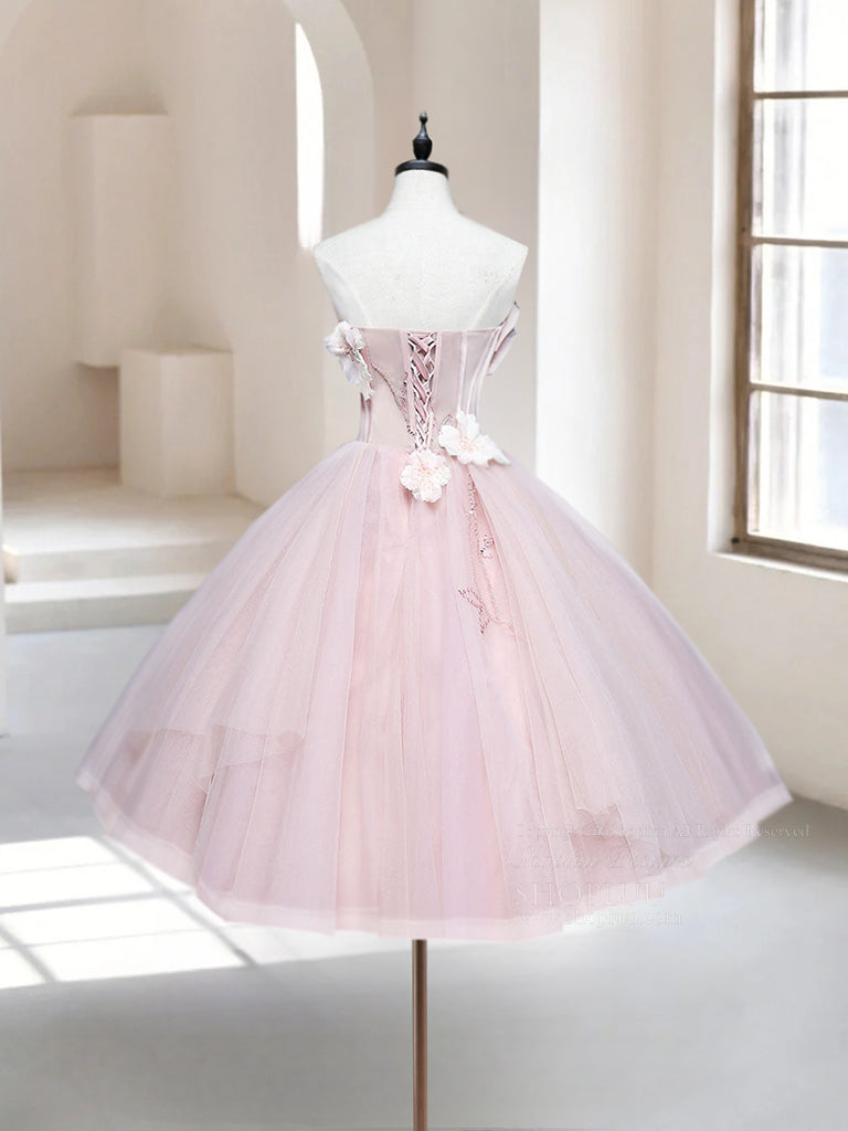 A-Line Tulle Beads Pink Short Prom Dress, Pink Homecoming Dress