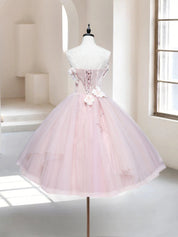A-Line Tulle Beads Pink Short Prom Dress, Pink Homecoming Dress