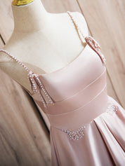 A-Line Beads Satin Pink Long Prom Dress, Pink Long Formal Dress