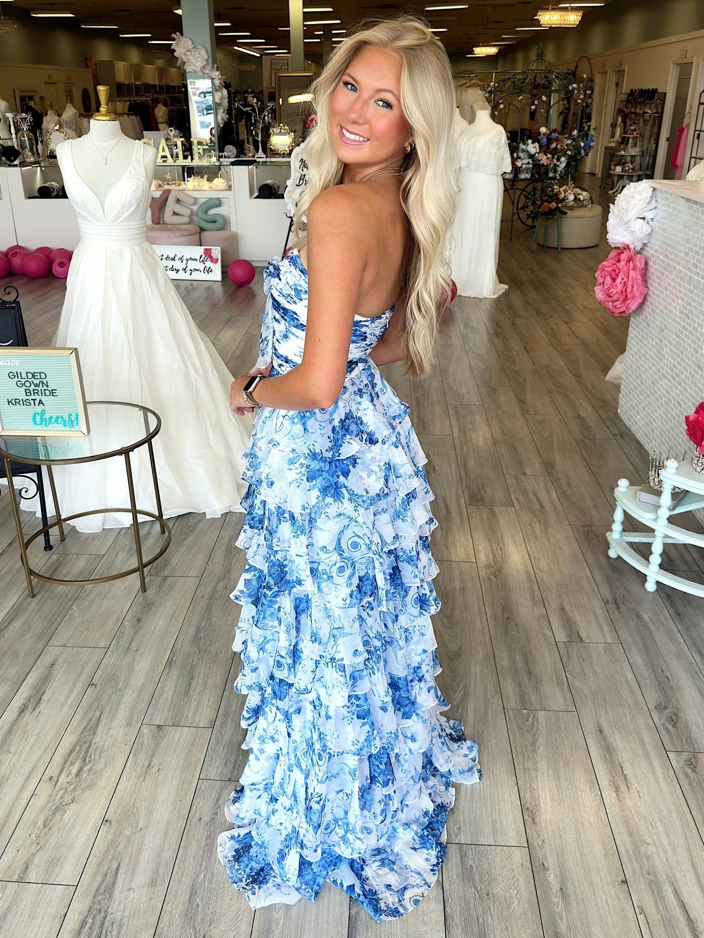 A-Line Strapless Sweetheart Tiered Chiffon Prom Dress with Blue Floral Print and High-Low Ruffles