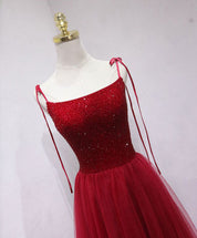 Beaded Square Neckline Tulle Floor-Length Red Prom Dress with Tie Straps
