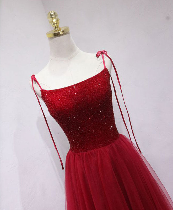 Beaded Square Neckline Tulle Floor-Length Red Prom Dress with Tie Straps