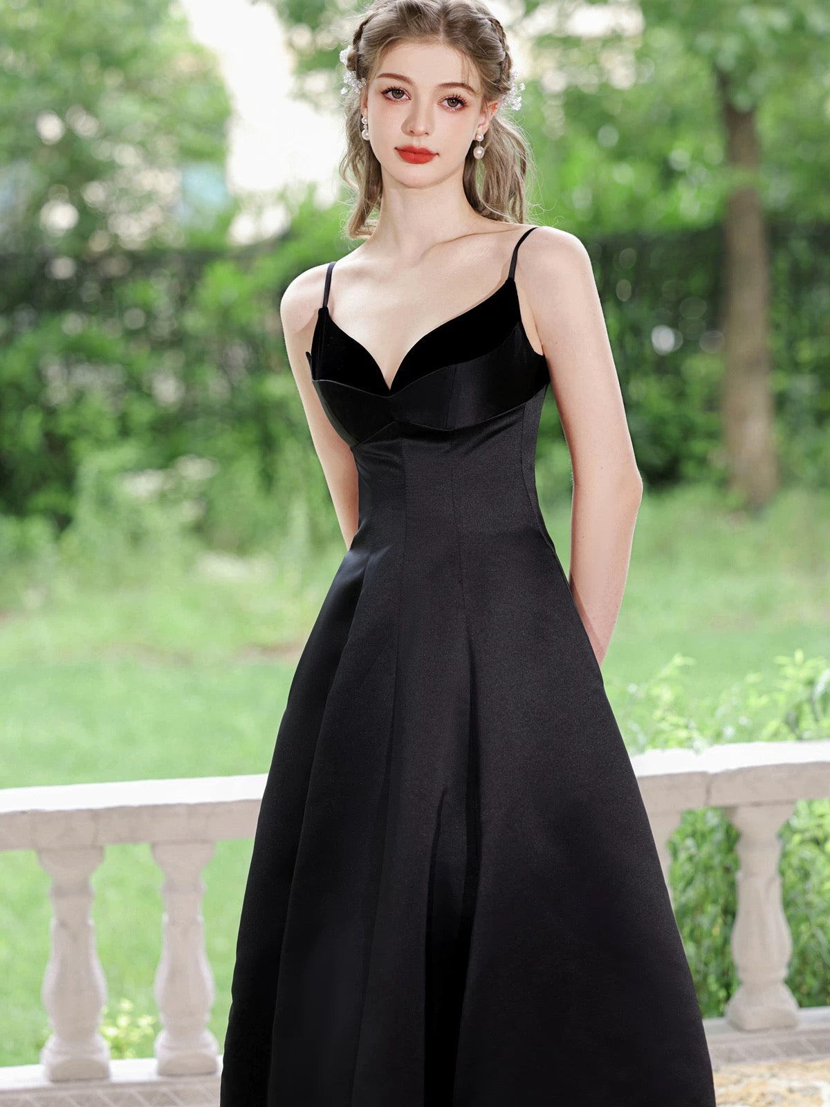 A-Line V Neck Tea-Length Black Satin Minimalist Homecoming Dress