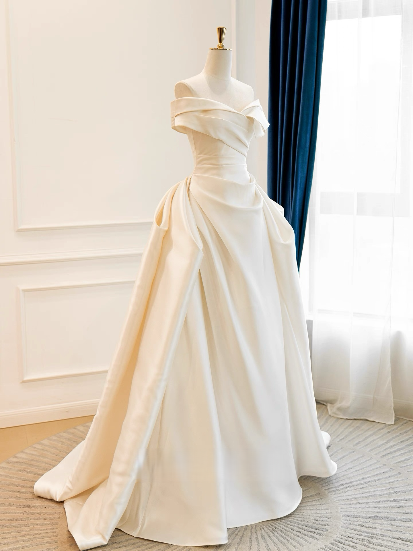 A-Line Off Shoulder Satin Light Champagne Long Prom Dress, Light Champagne Formal Dress