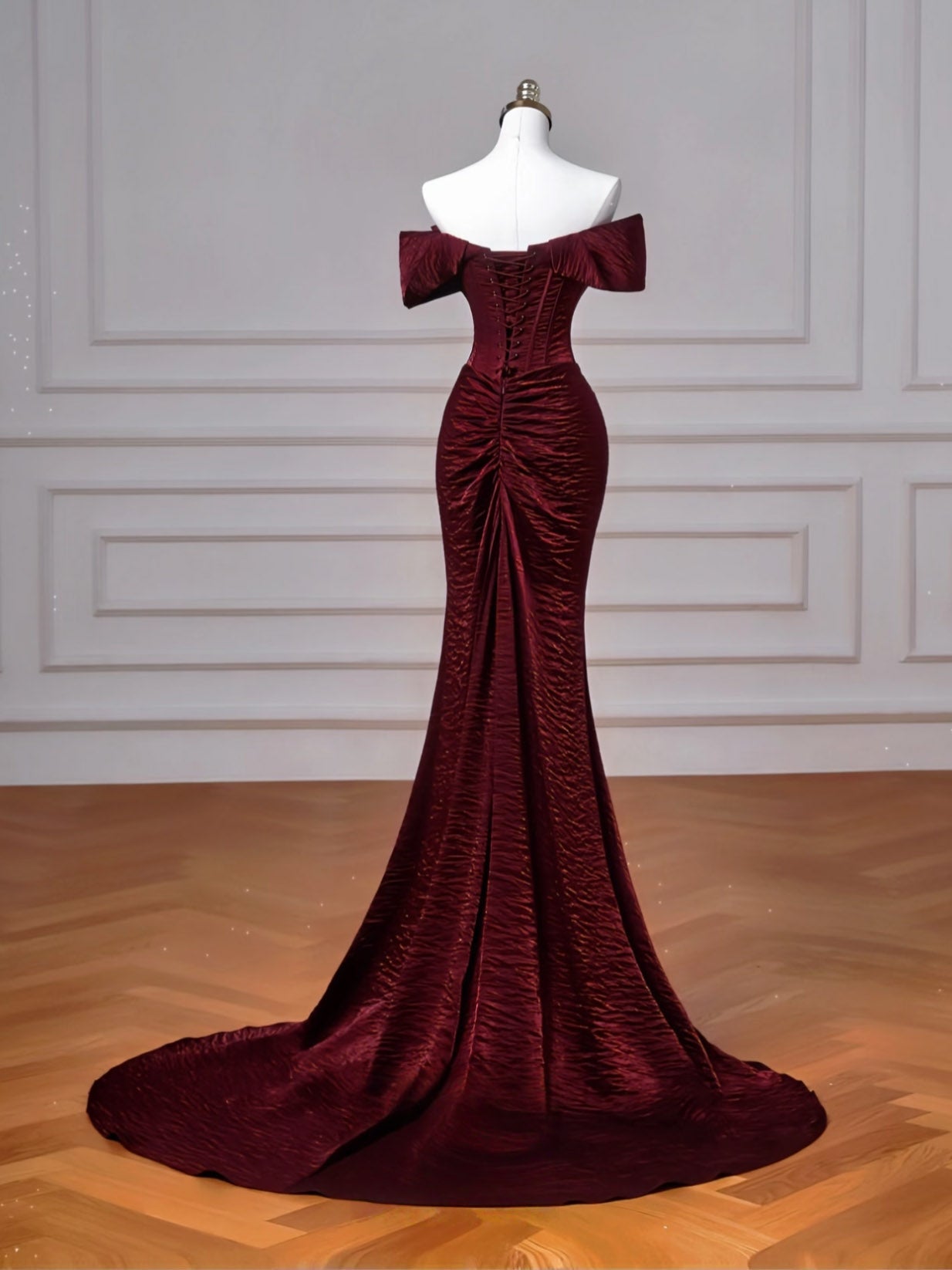 Mermaid Off-the-Shoulder Floor-Length Special Material Burgundy Prom Dress with Draped Bow Detail