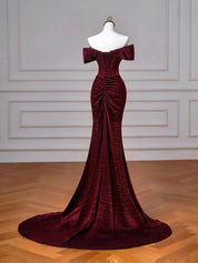 Mermaid Off-the-Shoulder Floor-Length Special Material Burgundy Prom Dress with Draped Bow Detail