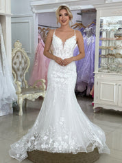 Mermaid V-Neck Floor-Length Tulle Lace Appliqué Prom Dress