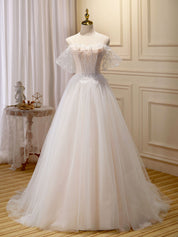 A-Line Off-the-Shoulder Floor-Length Ivory Tulle Lace Prom Dress with Spaghetti Straps and Flutter Sleeves