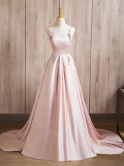 A-Line Beads Satin Pink Long Prom Dress, Pink Long Formal Dress