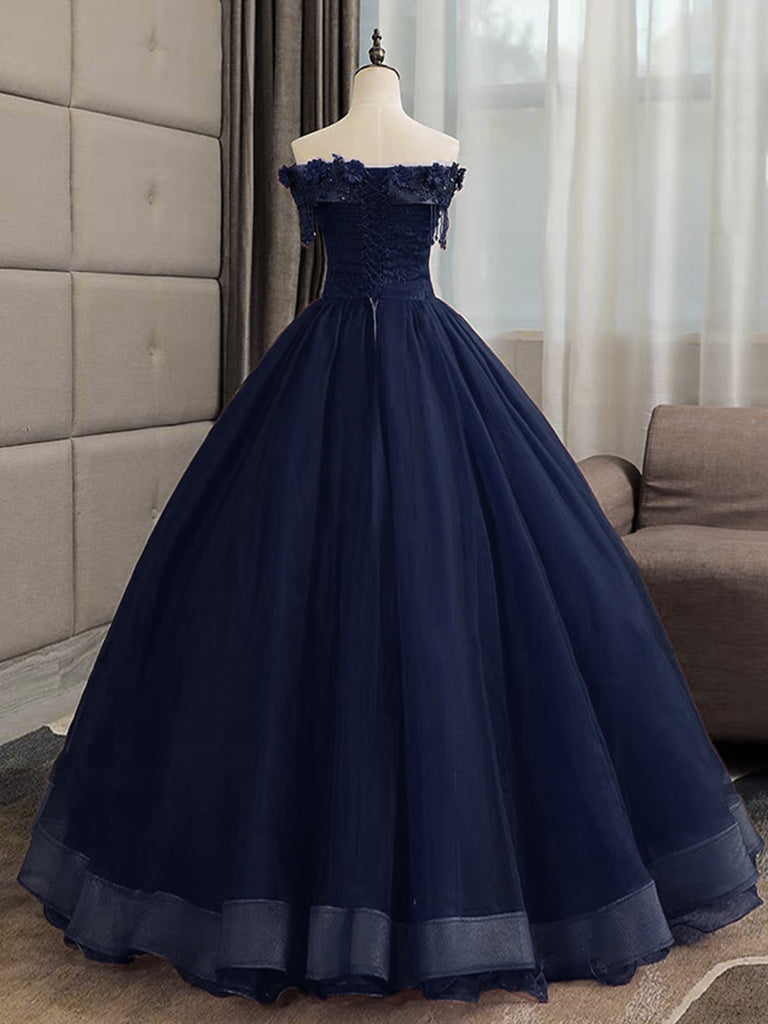 A-Line Tulle Lace Dark Blue Long Prom Dress, Dark Blue Long Sweet 16 Dress