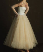 A-Line Sweetheart Neck Tea-Length Ivory Tulle Lace Homecoming Dress with Dotted Tulle Skirt