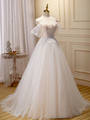 A-Line Off-the-Shoulder Floor-Length Ivory Tulle Lace Prom Dress with Spaghetti Straps and Flutter Sleeves