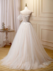 A-Line Off-the-Shoulder Floor-Length Ivory Tulle Lace Prom Dress with Spaghetti Straps and Flutter Sleeves